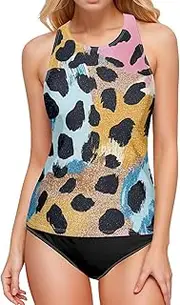 [ODAWA] Tankini Top Leopard Spots Pink Backless Swimsuit High Neck Swimwear Tops for Women