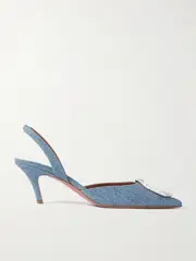 [Amina Muaddi] Amina Muaddi - Camelia Crystal-embellished Denim-effect Satin Slingback Pumps - Blue - IT35 IT 35 Blue