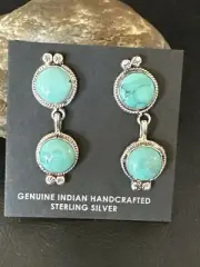 Blue Green Turquoise Navajo Sterling Silver Dangle Earrings 1.5" 17388