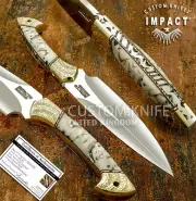 CUSTOM D2 FULL TANG SKINNING KNIFE ENGRAVED BRASS BOLSTERS BY IMPACT CUTLERY