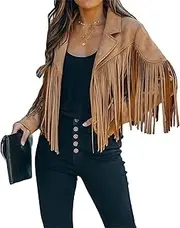 [JENETY] Women's Vintage Fringe Faux Suede Chic Cropped Moto Jacket Hippie Long Sleeve Coat (Camel,M)