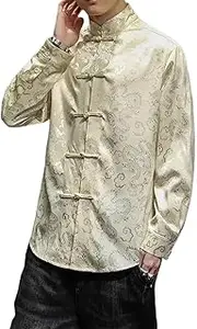 [Aoleaky] Tang Jackets Silver Mandarin Collar Blouse Red Chinese Blue Satin Silk Shirts for Mens