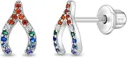 [In Season Jewelry] 925 Sterling Silver Rainbow Multicolored Wishbone Safety Screw Back Earrings For Little Girls - Preteen Girls Wishbone Shaped Earrings, Metal, Cubic Zirconia