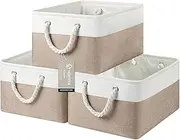 Storage Baskets,3-Pack Fabric Storage Bins,15.7"*11.8"*8.2",Versatile Storage Baskets for Shelves with Handles, Large Collapsible Storage Boxes for Home, Office, Nursery (white&khaki, 15 inch)