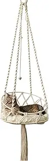 Yitekrg Macrame Cat Hammock Hanging Cat Bed Hammock with Cushion Handwoven Cat Swing Bed for Indoor Cat Kitten Sleeping, Playing, Climbing and Lounging (130cm)