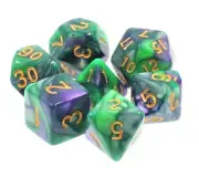 New 7 Piece Green Purple Gemini Polyhedral Dice Set – Purple Bag – RPG D&D