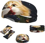 FJWSLCH Cute Cat Sing Christmas Carols Headbands for Women Men Non Slip Workout Sweatbands Adjustable Sports Hair Bands Elastic Head Bands Moisture Wicking Hairband for Running, Cycling, Yoga, Spa