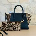 Michael Kors Avril Top Zip Satchel Black Brown leopard Calf Hair Wallet Option
