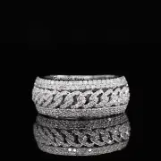 925 Sterling Silver Round MoissaniteFull Eternity Cuban Link Chain Band For Men