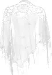 [Hariendny] White Lace Shawls and Wraps for Evening Dresses with Tassels, Triangle Mesh Fringe Wraps for Women, Soft Lace Scarf for Evening Party Dress, Mesh Floral Wedding Shawls, White