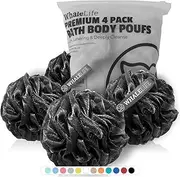 Shower Puff 4 Pack Black, Bamboo Charcoal Bath Sponge Shower Loofahs Pouf Ball, Fluffy Mesh Puffs Black, Shower Essential, Skin Care by Whale Life (Large)