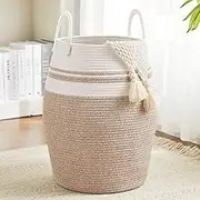 Large Laundry Hamper, Laundry Hamper for Toys, XICEN Tall Woven Laundry Basket for Clothes, Blanket Storage Basket for Living Room, 53cm * 40cm * 32cm (Brown White)