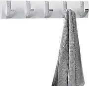 Coat Rack Wall Mounted with Retractable Hooks, Heavy Duty Aluminum Coat Hook Towel Rack Coat Hanger for Coat Hat Towel Purse Robes Keys (White Silver, 5 Hooks)