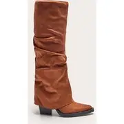 Tan Faux Suede Point Toe Fold Over Block Heel Knee High Boots, Tan