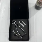 3 Piece Wine Lovers Gift Set With Corkscrew & Stopper In Black Faux Leather Box
