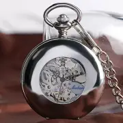 Retro Half Hunter Mens Automatic Skeleton Pocket Watch Smooth Silver Tone Chain