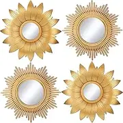 Jetec 4 Pcs Big Sunburst Wall Mirror Gold Vintage Mirror Set for Wall Metal Hanging Round Decorative Mirrors Accessories Modern Present for Living Room Bedroom Entryway Home Decor 10 Inch