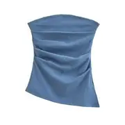 Plain Ruched Slit Tube Top Blue - S