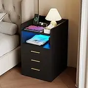 Advwin Bedside Table 3 Drawers Wooden, Chest of Drawers with Storage Shelf, LED Nightstand with Charging Station and USB Port Black