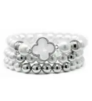 3 Piece Quatrefoil Clover with Faux Pearl and Ball Bead Mix Stretch Bracelet