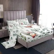 Erosebridal Cartoon Animal Bed Sheets Set for Kids Toddler Kawaii Parrot Sheet Set, Wild Bird Bedding Twin Size Cute Wildlife Sheets, Botanical Green Eucalyptus Bedding Set