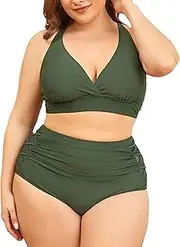 [Durio] Bikini Women's Tummy Control Large Sizes Bikini Set Swimsuit Women's Tummy Control Push Up Bikini with Deep V-Neck Army Green 4XL, Army Green, 4X-Large Plus