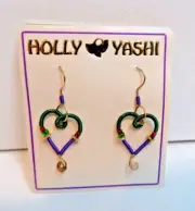 NOS Holly Yashi Gold Filled Wire Heart Green/Purple Wire Wrapped Drop Earrings