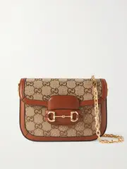 [Gucci] Gucci - Horsebit 1955 Mini Leather-trimmed Crystal-embellished Canvas-jacquard Shoulder Bag - Camel - One size One size Brown