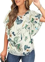 [QIXING] Summer Casual Loose Round Neck Chiffon Flowy Tops Blouses for Women