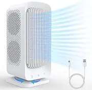 Rychi Small Tower Fan, 45° / 90° Oscillating Fan with 5 Speeds, 1-8H Timer, Dual Air Circulation, 11 Inch Portable Desk USB fan for Indoors, Smart Display, Bladeless Fan for Bedroom, Home, Office