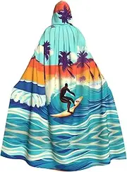 Hawaiian Surfer On Wavy Print Hooded Grace Cloak For Women Men Halloween Cosplay Carnival Parties Themed Events, Black