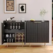 Coffee Bar Cabinet with Drawers & Shelf, Fluted 2 Door Buffet Sideboards, Freestanding Liquor Cabinet with Wine Rack & Glass Holder Black