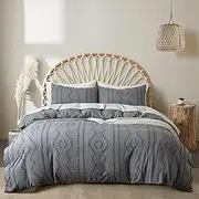 King Quilt Cover, 3PCS Boho Tufted Duvet Cover King Size, Jacquard Geometric Pattern Bedding Sets-1 Dark Grey Duvet Cover & 2 Pillowcases