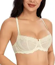 [Lemorosy] Women's Balconette Bra Floral Transparent Lace Bra Underwired Push Up Unpadded Bra