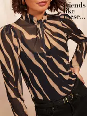 Friends Like These Black Animal High Neck Twist Mesh Top (AU9054) | $59
