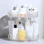 ROWNYEON Makeup Organisers 360 Rotating,2 Tier Large Capacity Spinning Skincare Organiser with Handle,Lazy Susan Perfume Organiser Storage Tray for Cosmetics,Vanity,Toiletry, Bathroom (Clear)