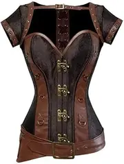 [SWEPER] Women'S Bustier Corset Top - Clasps Brown Leather Corsets Women'S Spiral Steel Boned Goth Retro Overbust Steampunk Bustier Corset With Jacket