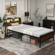 CostwaySingle Size LED Bed Frame with Charging Station 2-Tier Storage Headboard-Rustic Brown-S