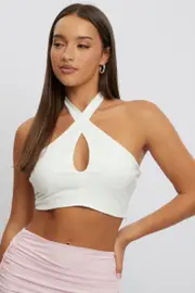 White Halter Neck Crop Top Sleeveless Linen Blend - Size 16XL, Women's Crop Top