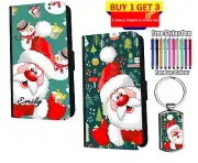 PERSONALISED Name Christmas Flip Leather Wallet Case iPhone Samsung + Keyring