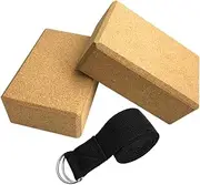 Oimzzr Yoga Cork Blocks with Adjustable Yoga Stretching Strap Yoga Cork Wood Bricks Adjustable Yoga Belt Yoga Band