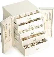 oolong 5-Tier Jewellery Box with Necklace Doors, Spacious Beige Organiser for Makeup Lovers, Dual-Door Jewelry Storage Case for Women Girls, Earring Ring Bracelets Holder Organizer