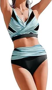 [AI'MAGE] Womens High Waisted Bikini Sets Two Piece Swimsuits Tummy Control Bathing Suit Color Block Swimwear 2025