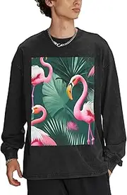 [GaxfjRu] Palm Leaf and Flamingos Couple print Men's Crewneck Loose fit Sweatshirt Lightweight Soft Basic Pullover Tops Men's Sweatshirt