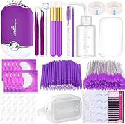 Eyelash Extension Supplies Lash Extension Kit for Beginner USB Lash Fan 0.1D Curl Mix 8-12mm Lash Silicone Pad Tweezers Under Eye Gel Pad Micro Brush Wash Bottle Mascara Brush Glue Ring (Purple)