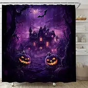 YSATNSFT Spooky Halloween Shower Curtain Gothic Castle Scary Night Bat Pumpkin Full Moon Haunted House Horror Fabric Bathroom Decor Set with Hooks,(70" WX70 H)