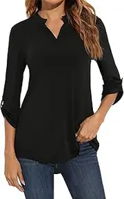 [Zattcas] Womens Floral Printed Tunic Shirts 3/4 Roll Sleeve Notch Neck Tunic Top