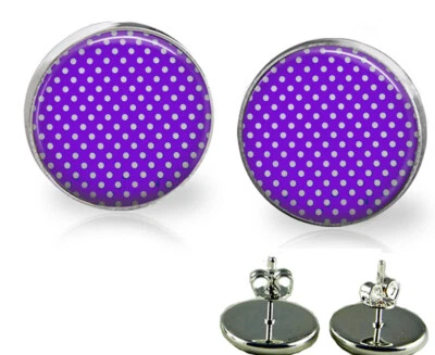 Purple White Polka Dots Glass Top Stud Earrings 3 Sizes Handmade Photo Jewelry