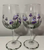 Large Hand Painted Purple Lavender Green Blue Flower Wine Glasses Set Of 2