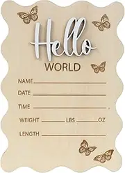 Hello World Baby Birth Stats Sign, 6.2 inches, Wood Engraved Hospital Announcement Board with Flower (BB79)